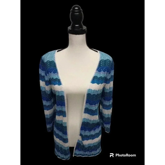 CJ Banks Blue & White Striped‎ Open Knit Cardigan Petite Medium - Picture 1 of 4